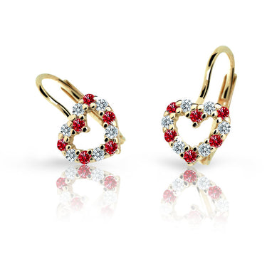Dětské náušnice Danfil srdíčka C2157 ze žlutého zlata s kamínky Ruby Dark, zapínání klapka