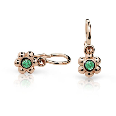Dětské náušnice Danfil kytičky C2031 z růžového zlata s kamínkem Emerald Green, zapínání brizura