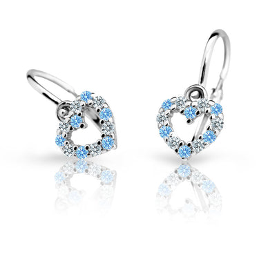 Dětské náušnice Danfil srdíčka C2157 z bílého zlata s kamínky Arctic Blue, zapínání brizura