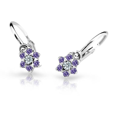 Dětské náušnice Danfil kytičky C2152 z bílého zlata s kamínky Amethyst, zapínání brizura