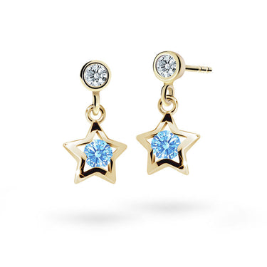 Dětské visací náušnice Danfil hvězdičky C1942 ze žlutého zlata s kamínkem Arctic Blue, zapínání puzeta