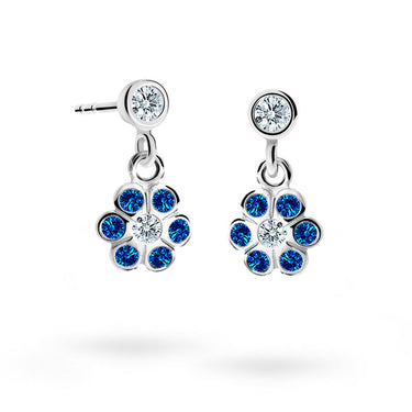 Dětské visací náušnice Danfil kytičky C1737 z bílého zlata s kamínky Dark Blue, zapínání puzeta