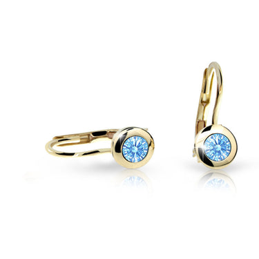 Dětské náušnice Danfil C1537 ze žlutého zlata s kamínkem Arctic Blue, zapínání klapka