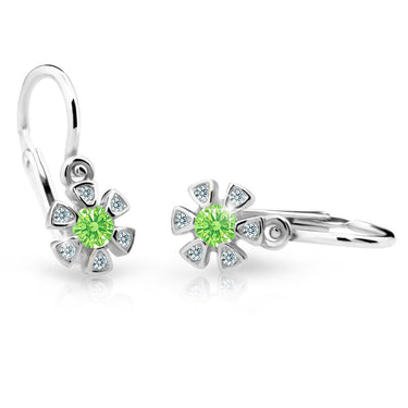 Dětské náušnice Danfil kytičky C2156 z bílého zlata s kamínkem Peridot Green, zapínání brizura