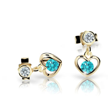 Dětské visací náušnice Danfil srdíčka C1943 ze žlutého zlata s kamínkem Mint Green, zapínání puzeta