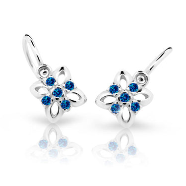 Dětské náušnice Danfil kytičky C2215 z bílého zlata s kamínky Dark Blue, zapínání brizura