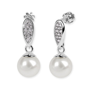 Zlaté dámské náušnice DF 3124, sladkovodní perla s diamanty, bílé zlato