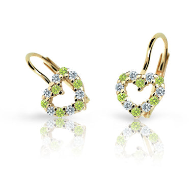 Dětské náušnice Danfil srdíčka C2157 ze žlutého zlata s kamínky Peridot Green, zapínání klapka