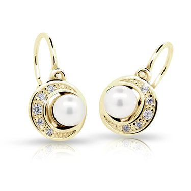 Dětské perlové náušnice Danfil C2256 ze žlutého zlata, zapínání brizura