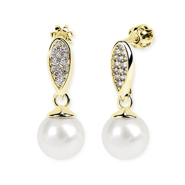 Zlaté dámské náušnice DF 3124, sladkovodní perla s diamanty, žluté zlato