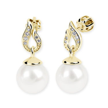 Zlaté perlové náušnice DF 3125, brilianty, žluté zlato