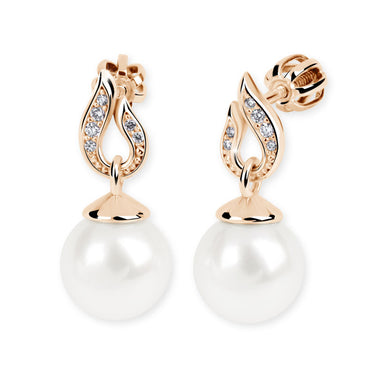 Zlaté perlové náušnice DF 3125, brilianty, růžové zlato