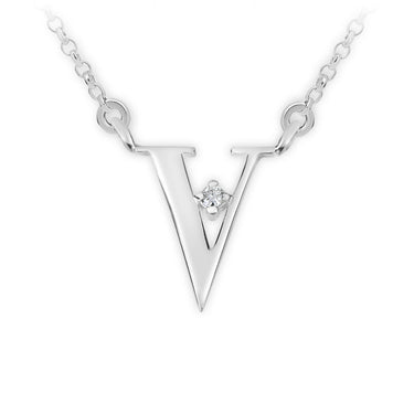 Zlatý dámský náhrdelník DF 4527, písmenko V, bílé zlato, s řetízkem a briliantem