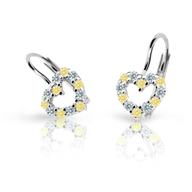 Dětské náušnice Danfil srdíčka C2157 z bílého zlata s kamínky Yellow, zapínání klapka