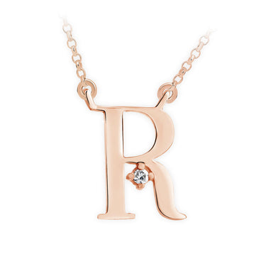 Zlatý dámský náhrdelník DF 4523, písmenko R, růžové zlato, s řetízkem a briliantem