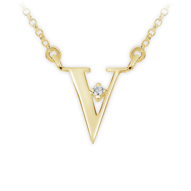 Zlatý dámský náhrdelník DF 4527, písmenko V, žluté zlato, s řetízkem a briliantem