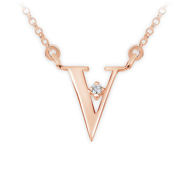 Zlatý dámský náhrdelník DF 4527, písmenko V, růžové zlato, s řetízkem a briliantem