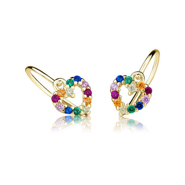 Dětské duhové náušnice Danfil srdíčka C2157 ze žlutého zlata, zapínání brizura