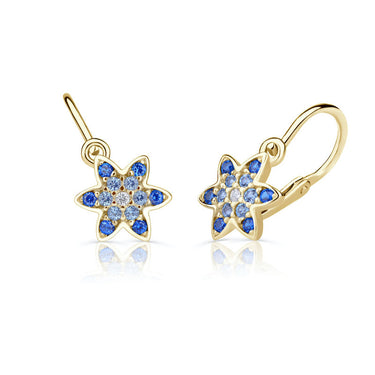 Dětské duhové náušnice Danfil hvězdičky C2206 ze žlutého zlata s bílými a modrými kamínky, zapínání brizura