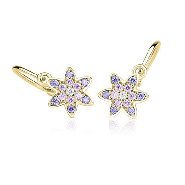 Dětské duhové náušnice Danfil hvězdičky C2206 ze žlutého zlata s bílými, růžovými a fialovými kamínky, zapínání brizura