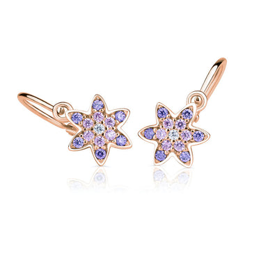 Dětské duhové náušnice Danfil hvězdičky C2206 z růžového zlata s bílými, růžovými a fialovými kamínky, zapínání brizura