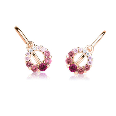 Dětské duhové náušnice Danfil C2154 z růžového zlata s bílými, růžovými a červenými kamínky, zapínání brizura