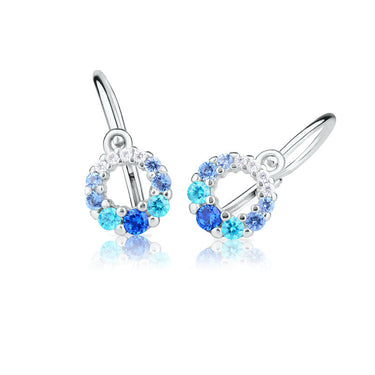 Dětské duhové náušnice Danfil C2154 z bílého zlata s bílými a modrými kamínky, zapínání brizura