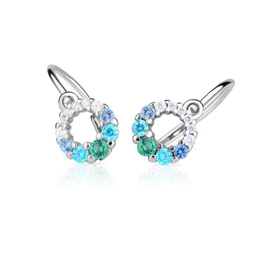 Dětské duhové náušnice Danfil C2154 z bílého zlata s bílými, modrými a zelenými kamínky, zapínání brizura