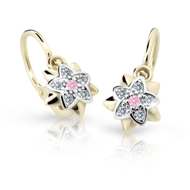 Dětské náušnice Danfil kytičky C2210 ze žlutého zlata s kamínkem Pink, zapínání brizura