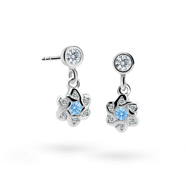 Dětské visací náušnice Danfil kytičky C2149 z bílého zlata s kamínkem Arctic Blue, zapínání puzeta
