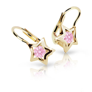 Dětské náušnice Danfil hvězdičky C1942 ze žlutého zlata s kamínkem Pink, zapínání klapka