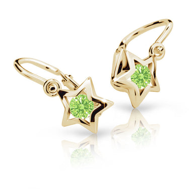 Dětské náušnice Danfil hvězdičky C1942 ze žlutého zlata s kamínkem Peridot Green, zapínání brizura