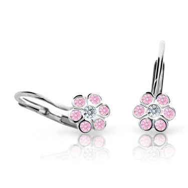 Dětské náušnice Danfil kytičky C1737 z bílého zlata s kamínky Pink, zapínání klapka