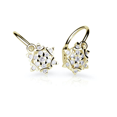 Dětské náušnice Danfil vločky C5128 ze žlutého zlata s kamínky White, zapínání brizura