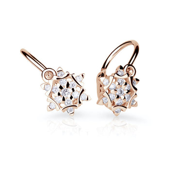 Dětské náušnice Danfil vločky C5128 z růžového zlata s kamínky White, zapínání brizura