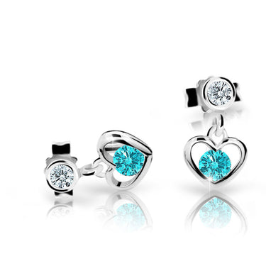 Dětské visací náušnice Danfil srdíčka C1943 z bílého zlata s kamínkem Mint Green, zapínání puzeta