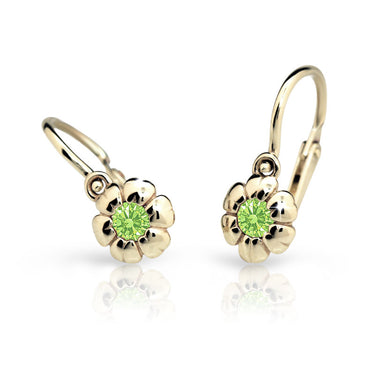 Dětské náušnice Danfil kytičky C2151 ze žlutého zlata s kamínkem Peridot Green, zapínání brizura