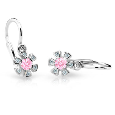 Dětské náušnice Danfil kytičky C2156 z bílého zlata s kamínkem Pink, zapínání brizura