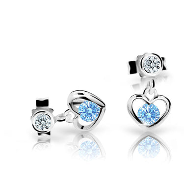 Dětské visací náušnice Danfil srdíčka C1943 z bílého zlata s kamínkem Arctic Blue, zapínání puzeta