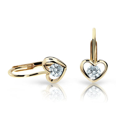 Dětské náušnice Danfil srdíčka C1943 ze žlutého zlata s kamínkem White, zapínání klapka