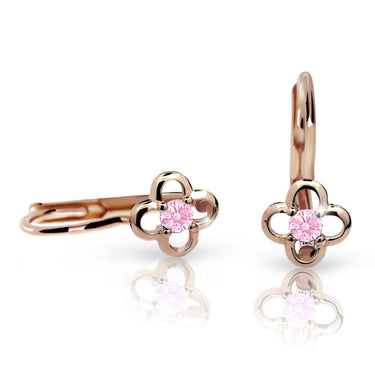 Dětské náušnice Danfil kytičky C1944 z růžového zlata s kamínkem Pink, zapínání klapka