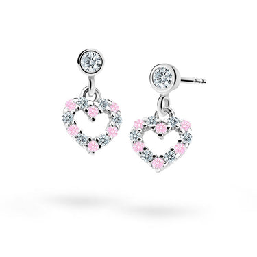 Dětské visací náušnice Danfil srdíčka C2157 z bílého zlata s kamínky Pink, zapínání puzeta