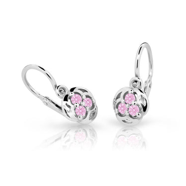 Dětské náušnice Danfil C2252 z bílého zlata s kamínky Pink, zapínání brizura