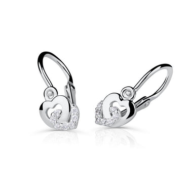 Dětské náušnice Danfil srdíčka C5263 z bílého zlata s kamínky White, zapínání brizura