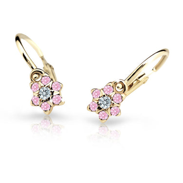 Dětské náušnice Danfil kytičky C2152 ze žlutého zlata s kamínky Pink, zapínání brizura