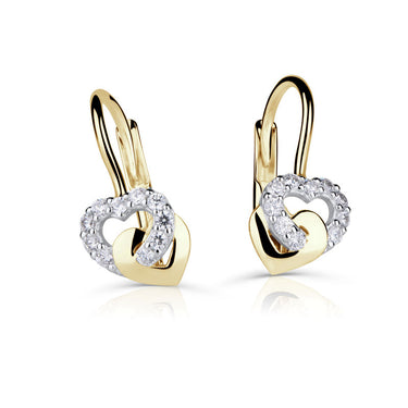 Dámské náušnice Danfil srdíčka C5262 ze žlutého zlata se zirkony White, zapínání klapka