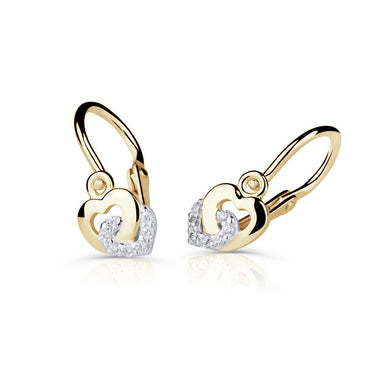 Dětské náušnice Danfil srdíčka C5263 ze žlutého zlata s kamínky White, zapínání brizura