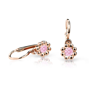 Dětské náušnice Danfil kytičky C2030 z růžového zlata s kamínkem Pink, zapínání brizura