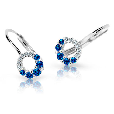 Dětské náušnice Danfil C2154 z bílého zlata s kamínky Dark Blue, zapínání klapka