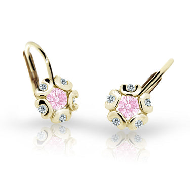 Dětské náušnice Danfil kytičky C2178 ze žlutého zlata s kamínkem Pink, zapínání klapka